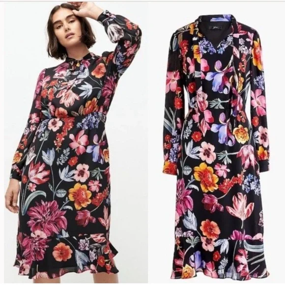 tie neck midi dress in midnight dutch floral J Crew Tie Neck Midi Dress in Midnight, Dutch Floral